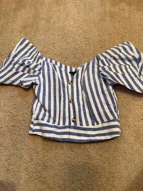 Topshop Blue & White Striped Off-Shoulder Button Blouse